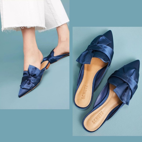 SCHUTZ Size 9.5 Blue Satin Mules with Knotted Bow - Elegant & Trendy - Picture 1 of 6